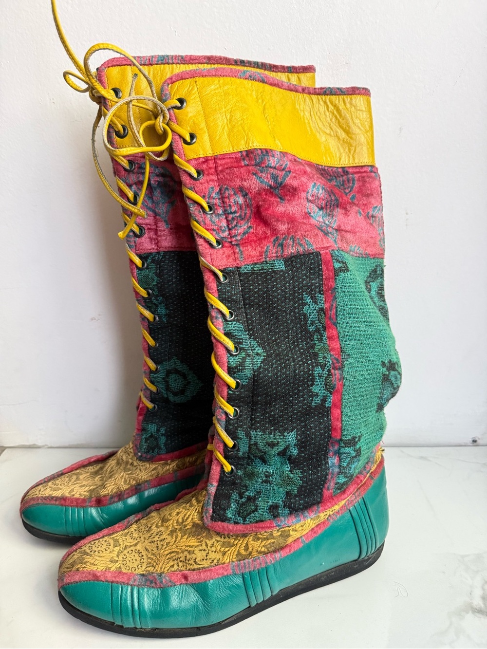 Handmade Artisan Patchwork Velvet Tapestry Leather Moccasin Tall Boots
